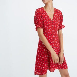 Red Silk Ruffle-Sleeve Button-Front Dress